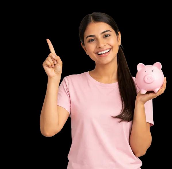 Smiling user pointing and holding a piggy bank